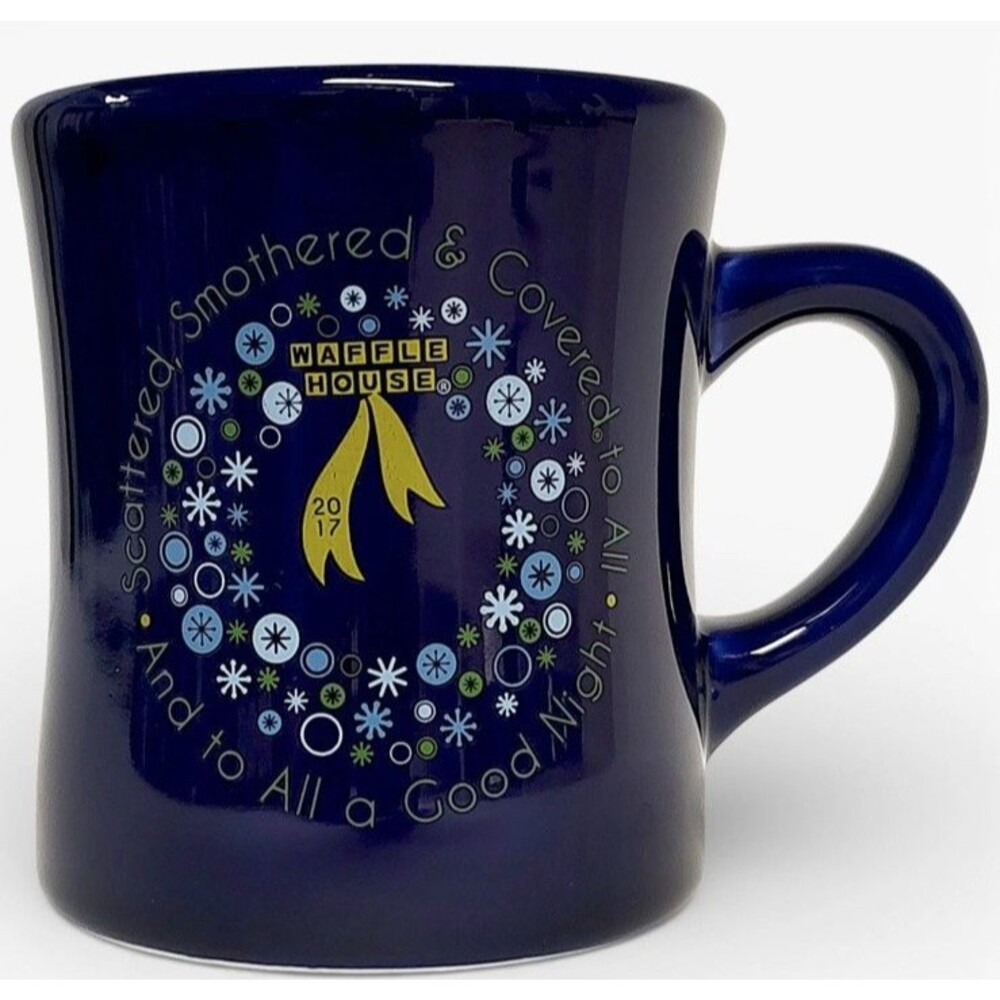Tuxton Christmas 2017 Waffle House Blue Ceramic Coffee Mug Cup 3.5"